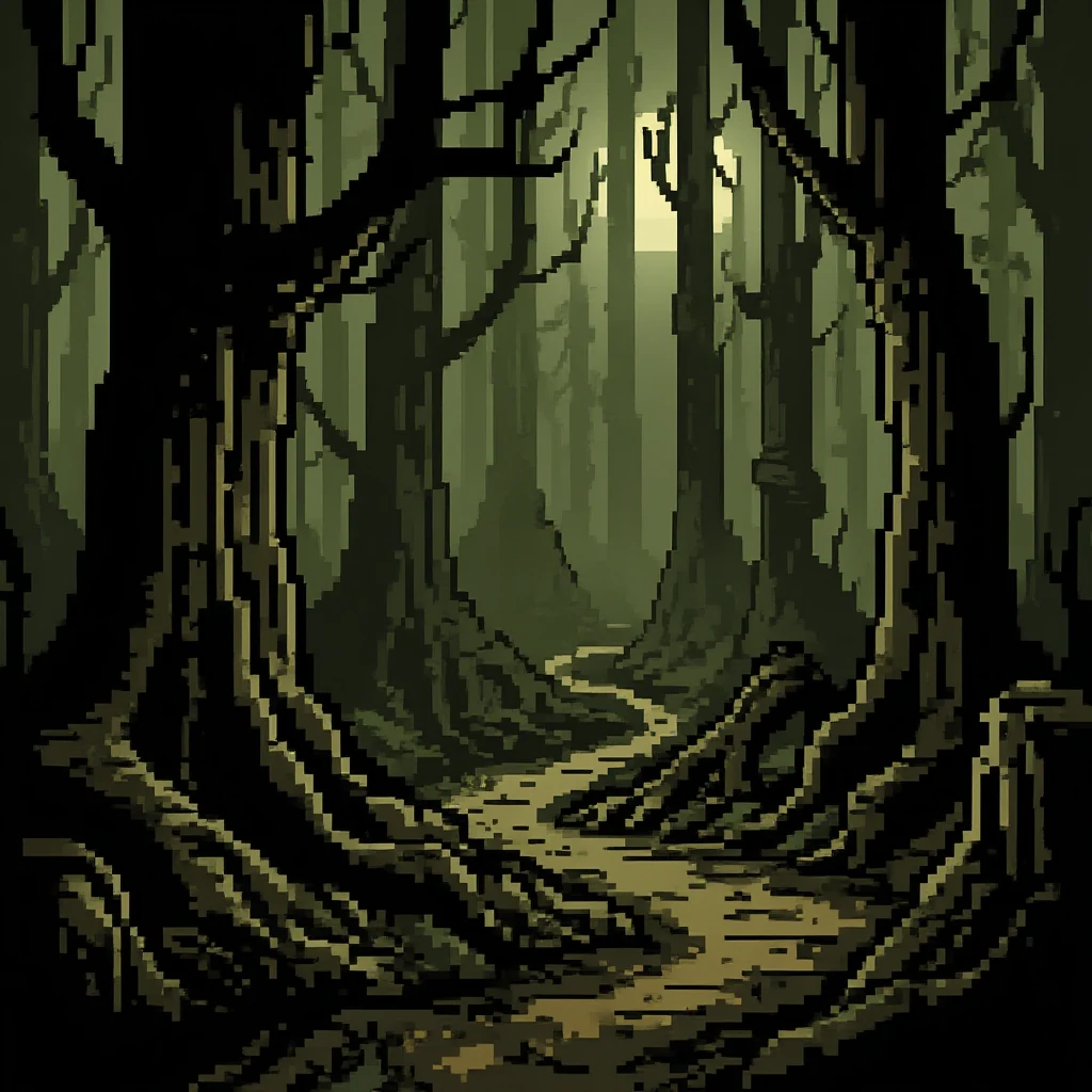 A dirt path winding through dark, twisted trees toward a pale light, from Thornwall.