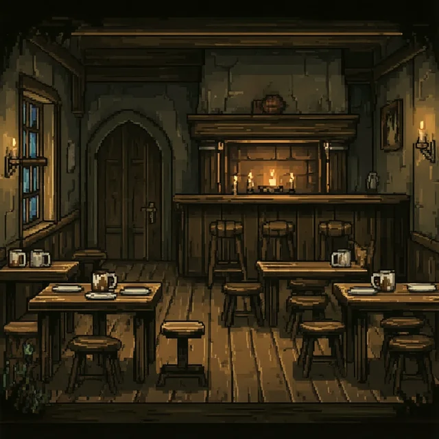 The empty tavern by candlelight: wooden tables, tankards, stools at the bar.