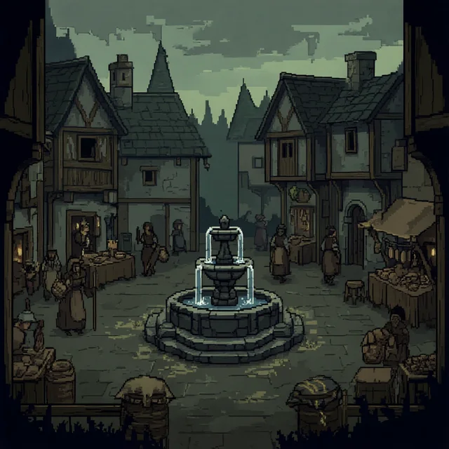 The village square under a grey sky: a stone fountain, market stalls, a few tired villagers.